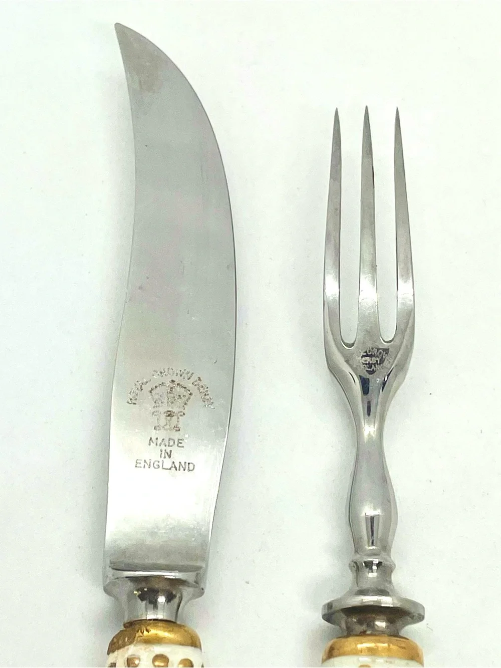⁠Royal Crown Derby Posies Fruit Knife Fork Set Gold Accents Porcelain Handle VTG